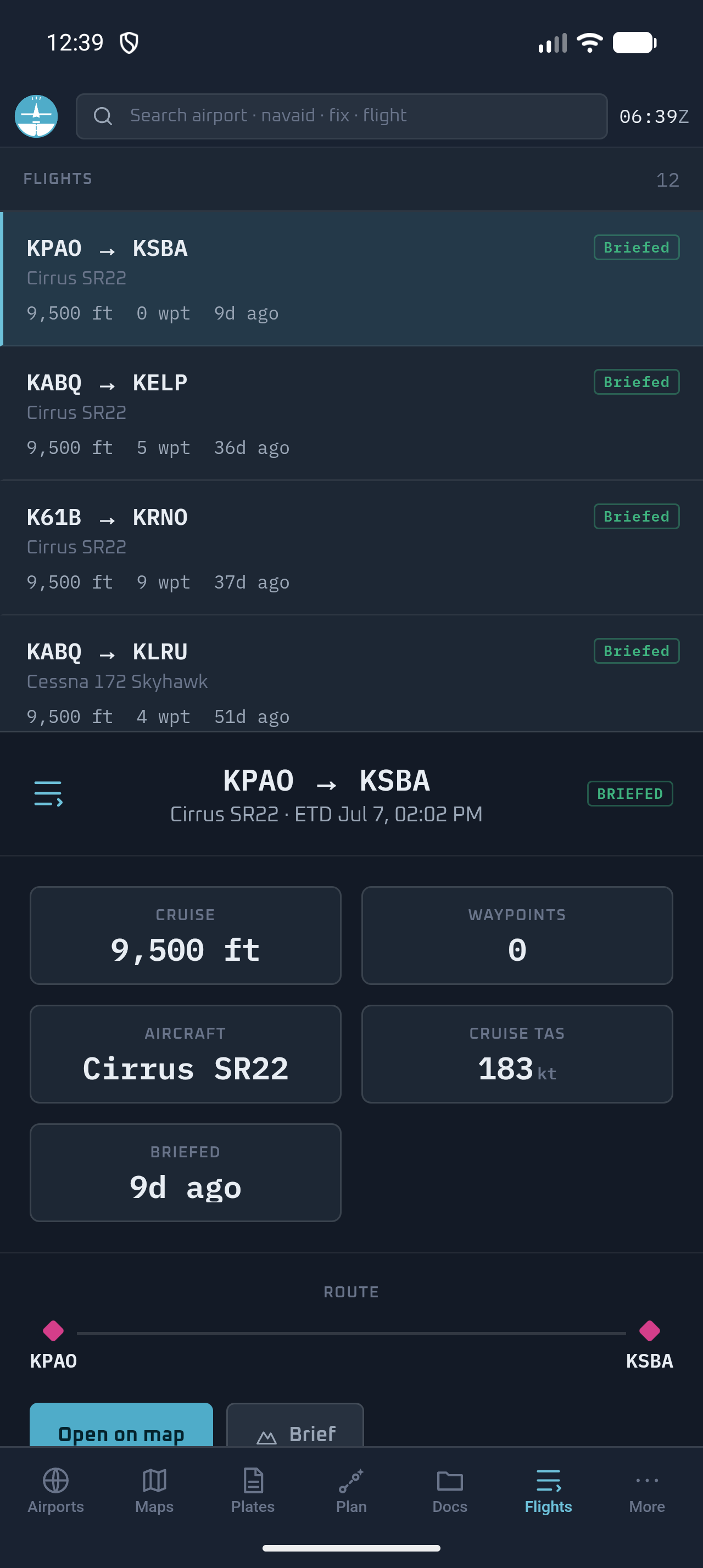 Fly Overhead Android EFB showing saved briefed flights and details for a KPAO to KSBA flight