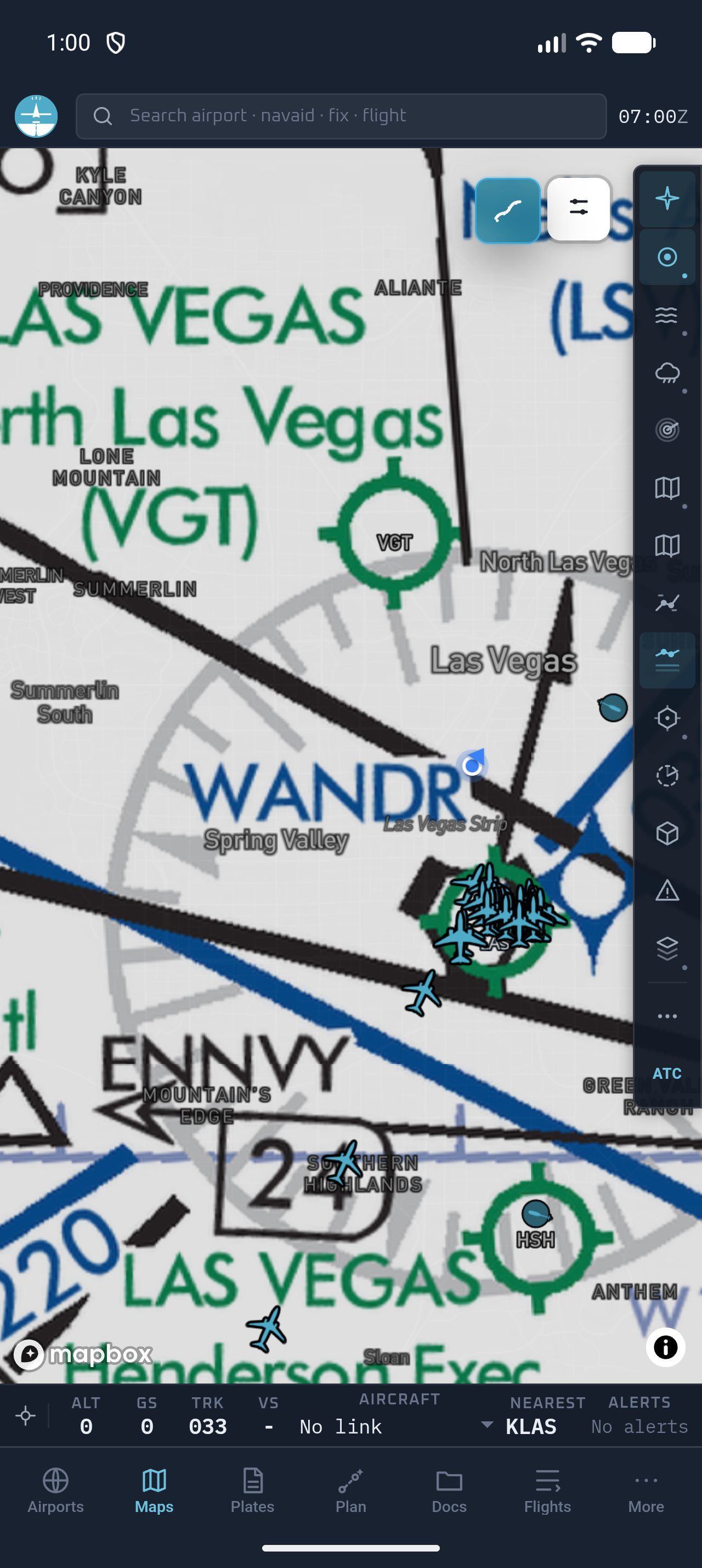 Fly Overhead Android EFB displaying the FAA IFR High enroute chart around Las Vegas with ownship and traffic