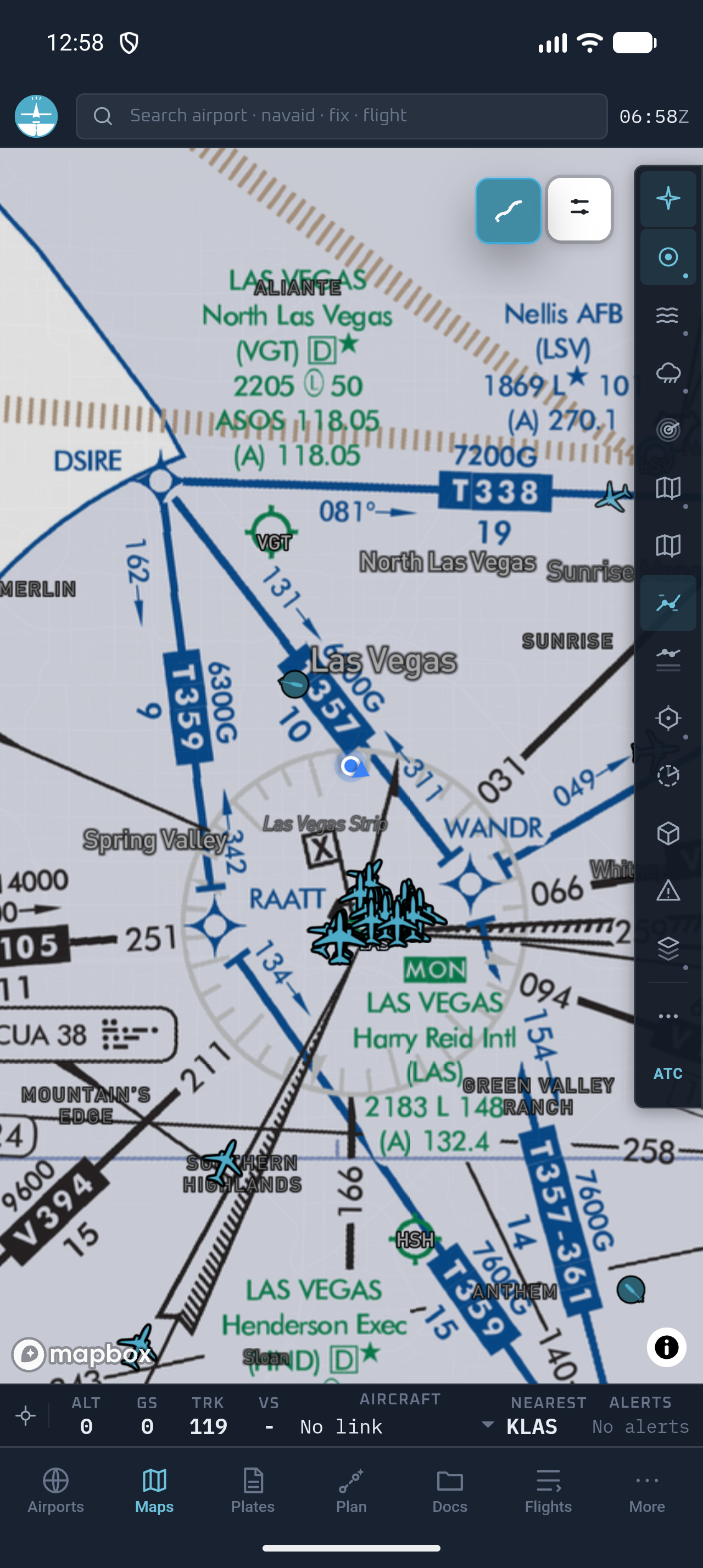 Fly Overhead Android EFB displaying the FAA IFR Low enroute chart around Las Vegas with ownship and traffic