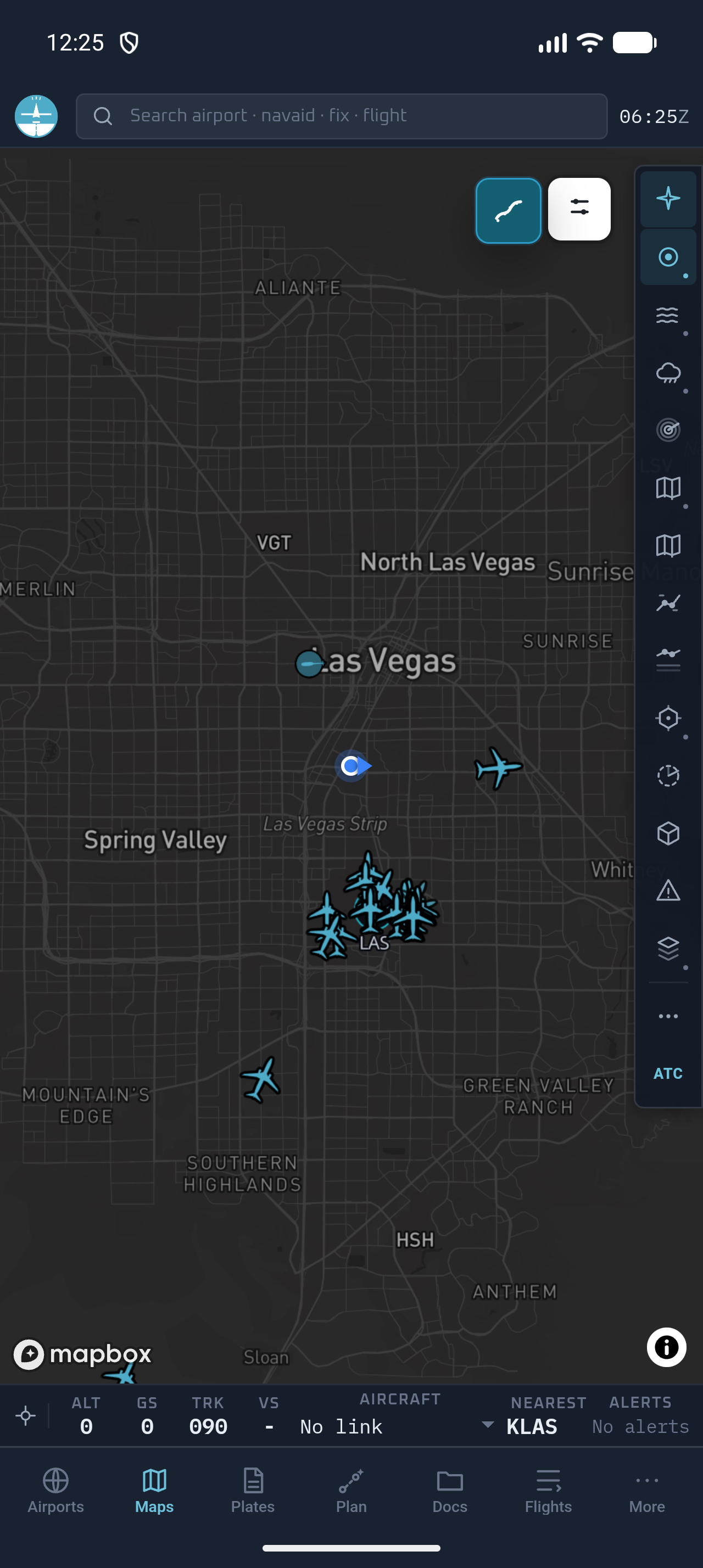 Fly Overhead Android EFB live map showing ownship, nearby traffic, airport labels, and map layers near Las Vegas