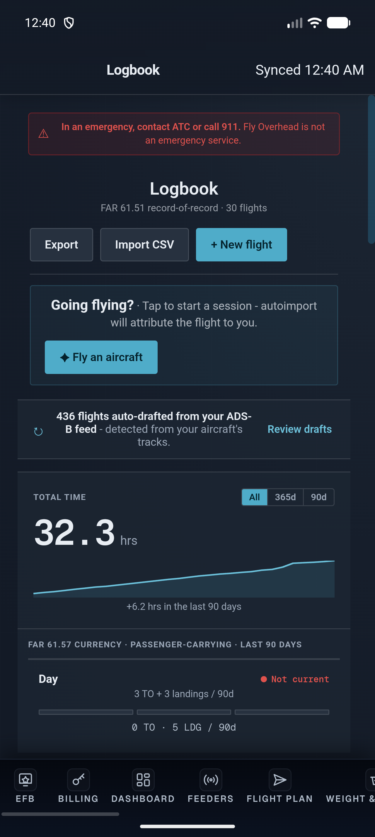 Fly Overhead Android pilot logbook showing ADS-B auto-drafted flights, total time, and FAR 61.57 currency
