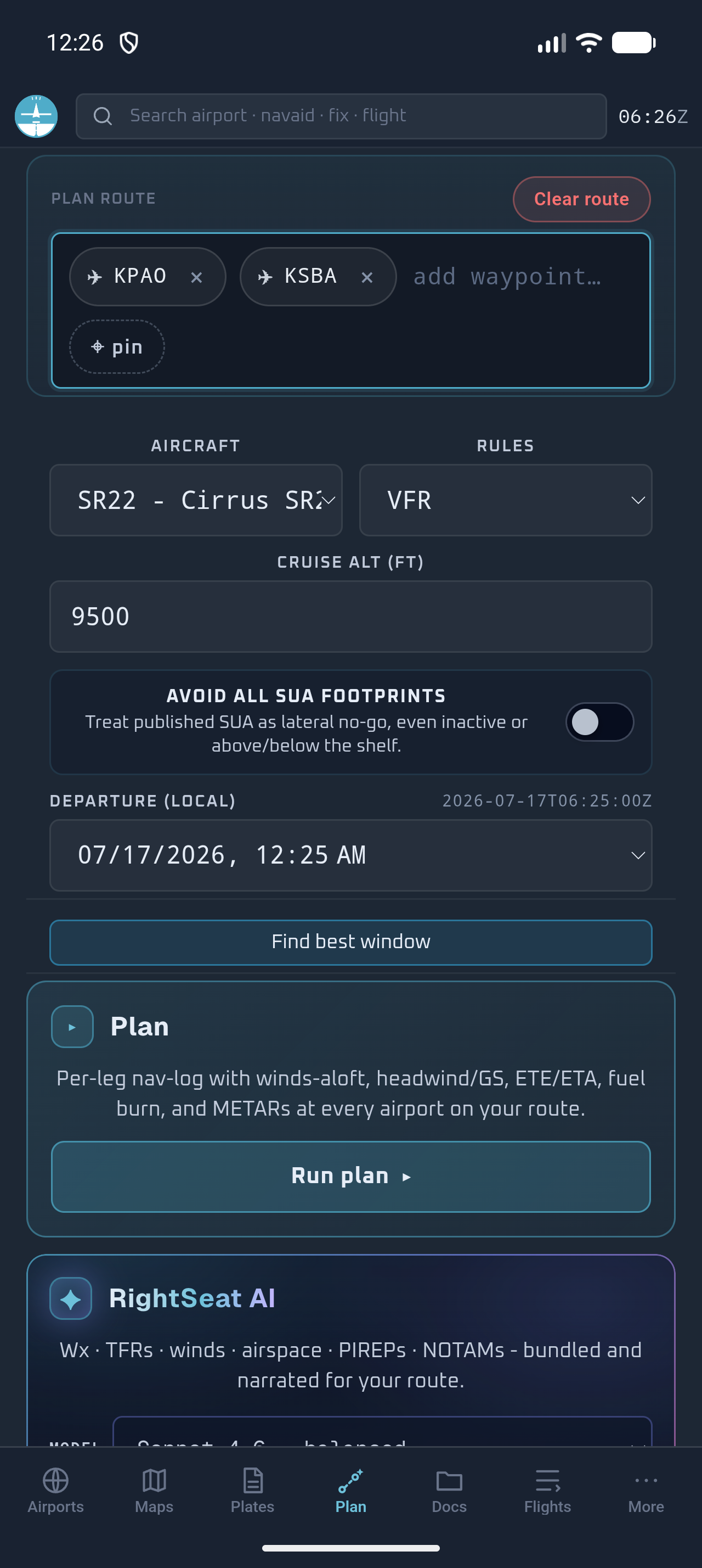Fly Overhead Android EFB route planner for a KPAO to KSBA flight with aircraft, flight rules, altitude, nav log, and RightSeat AI options