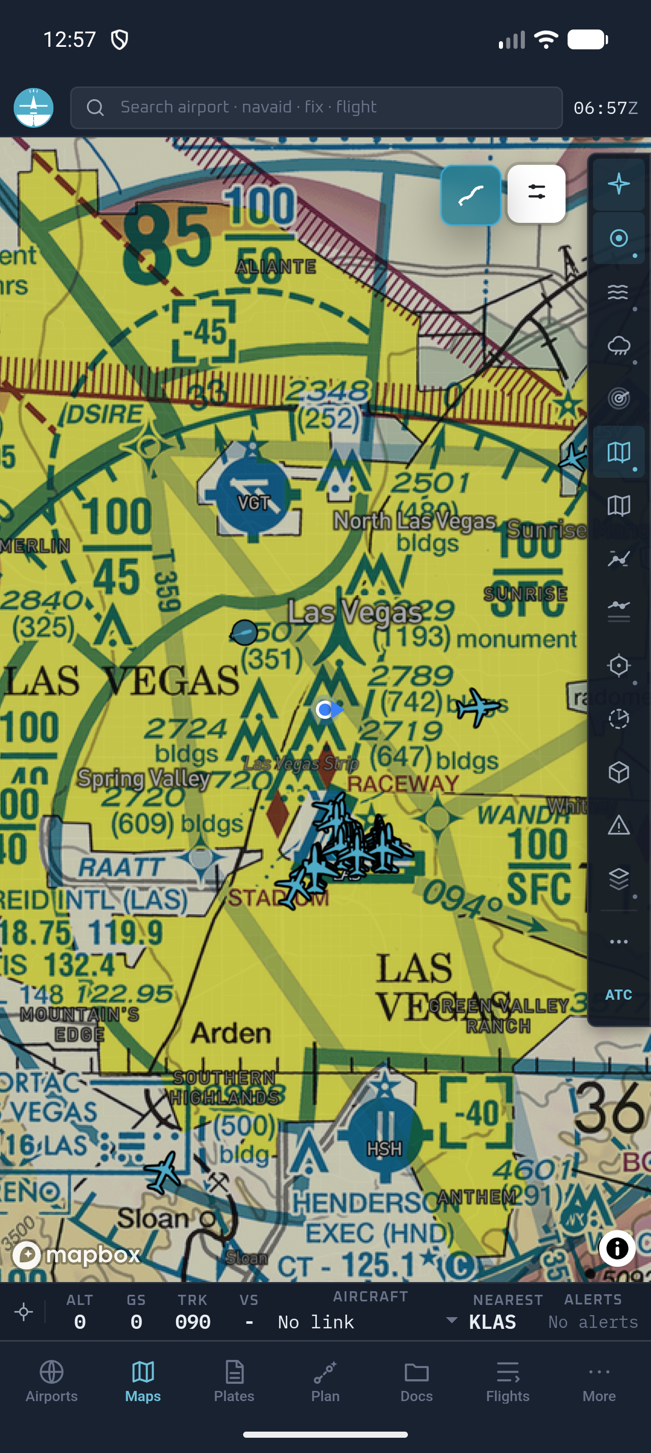 Fly Overhead Android EFB displaying the FAA Las Vegas VFR sectional with ownship and live traffic