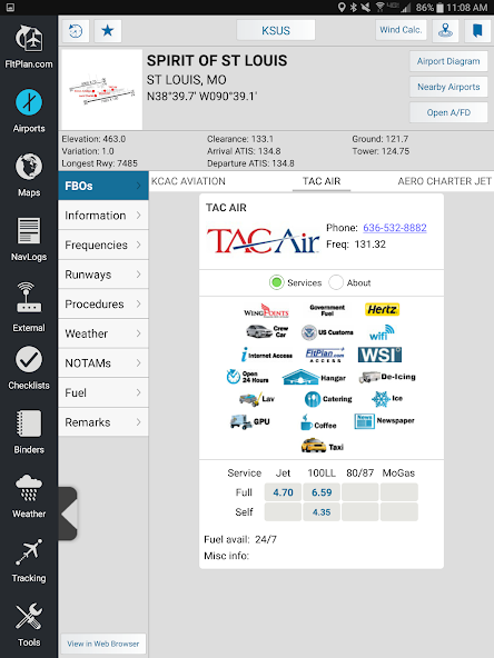 Official FltPlan Go Android screenshot showing airport details, FBOs, frequencies, runways, weather, and NOTAMs