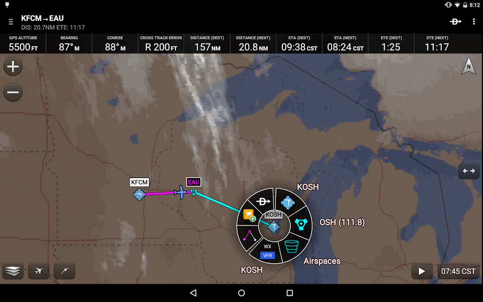 Official Garmin Pilot Android screenshot showing a route and weather on the moving map