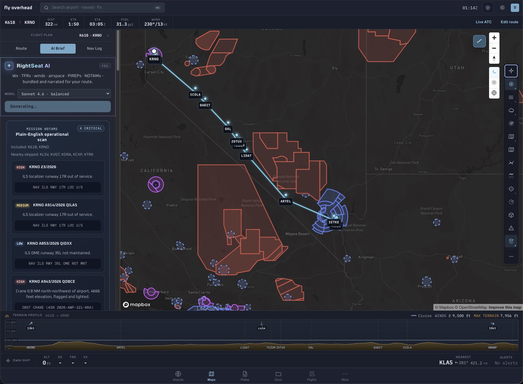 Fly Overhead RightSeat AI route brief on a desktop, with route, weather, and hazard summary