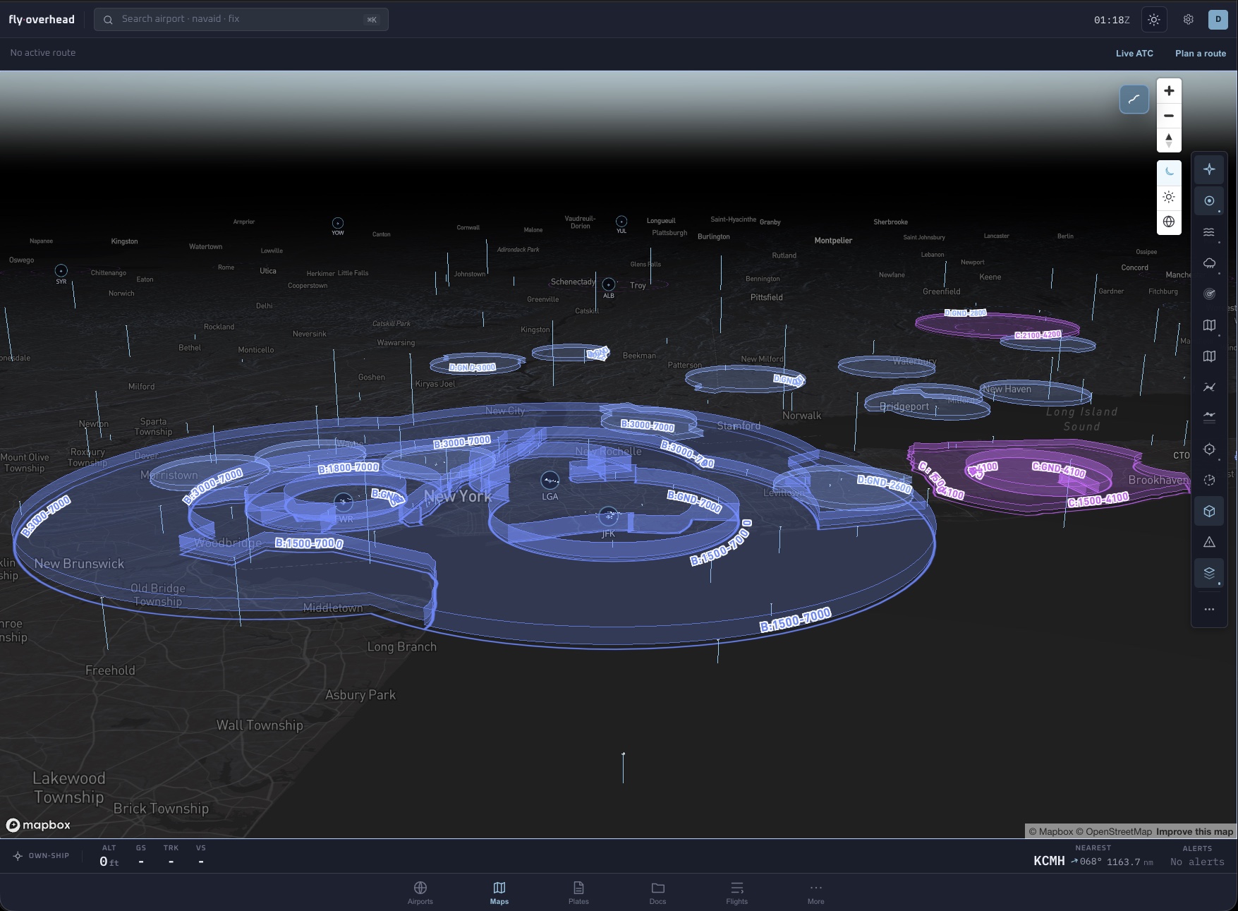 Fly Overhead aviation app showing airspace shelves and route context on a modern moving map