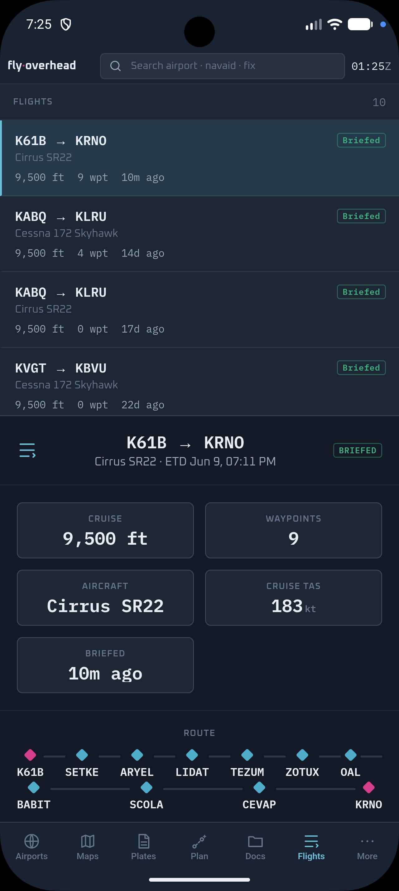 Fly Overhead Android flights list with saved AI brief and route summary