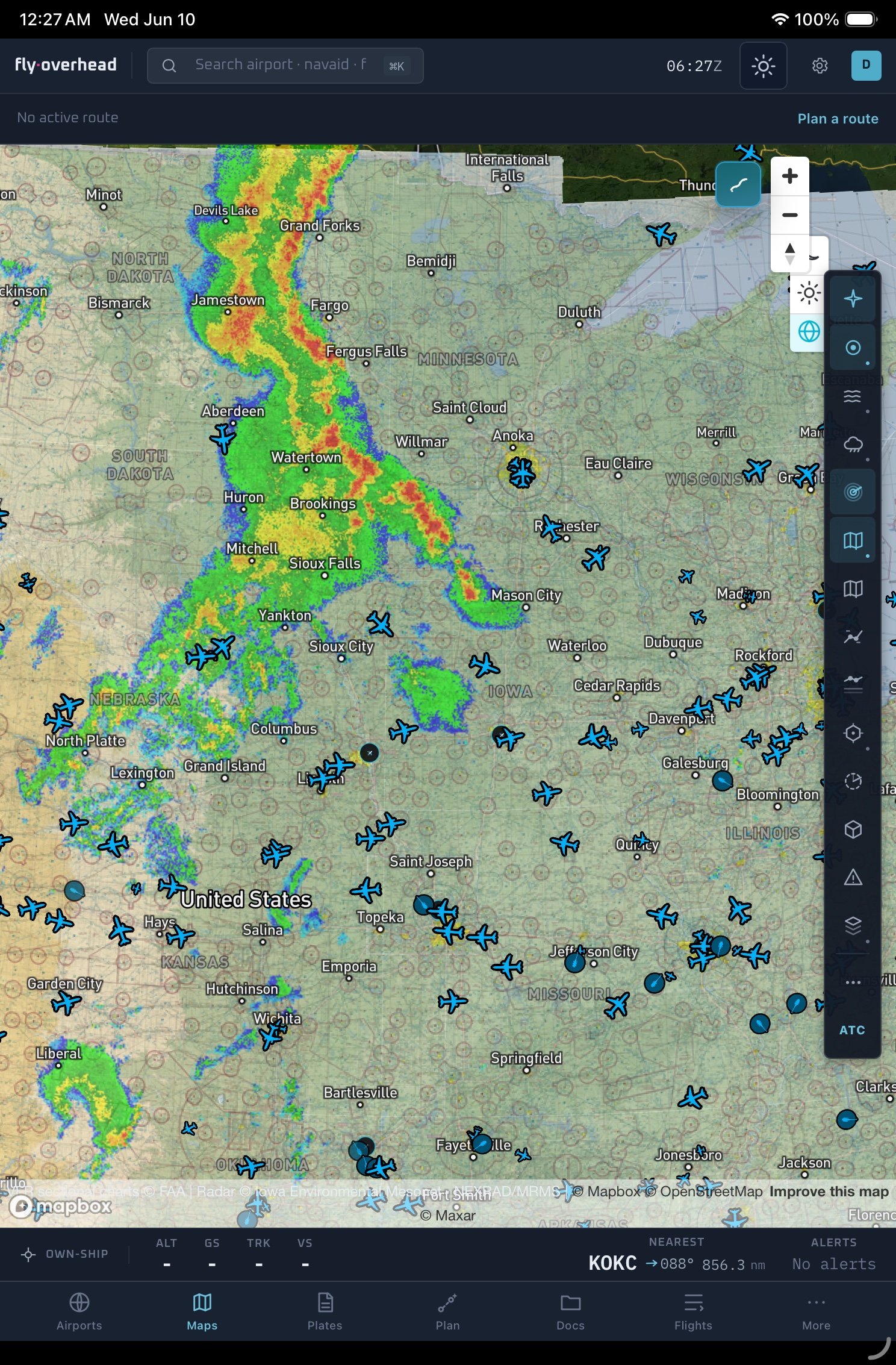 Fly Overhead EFB on an iPad with aviation charts, weather layers, and route context