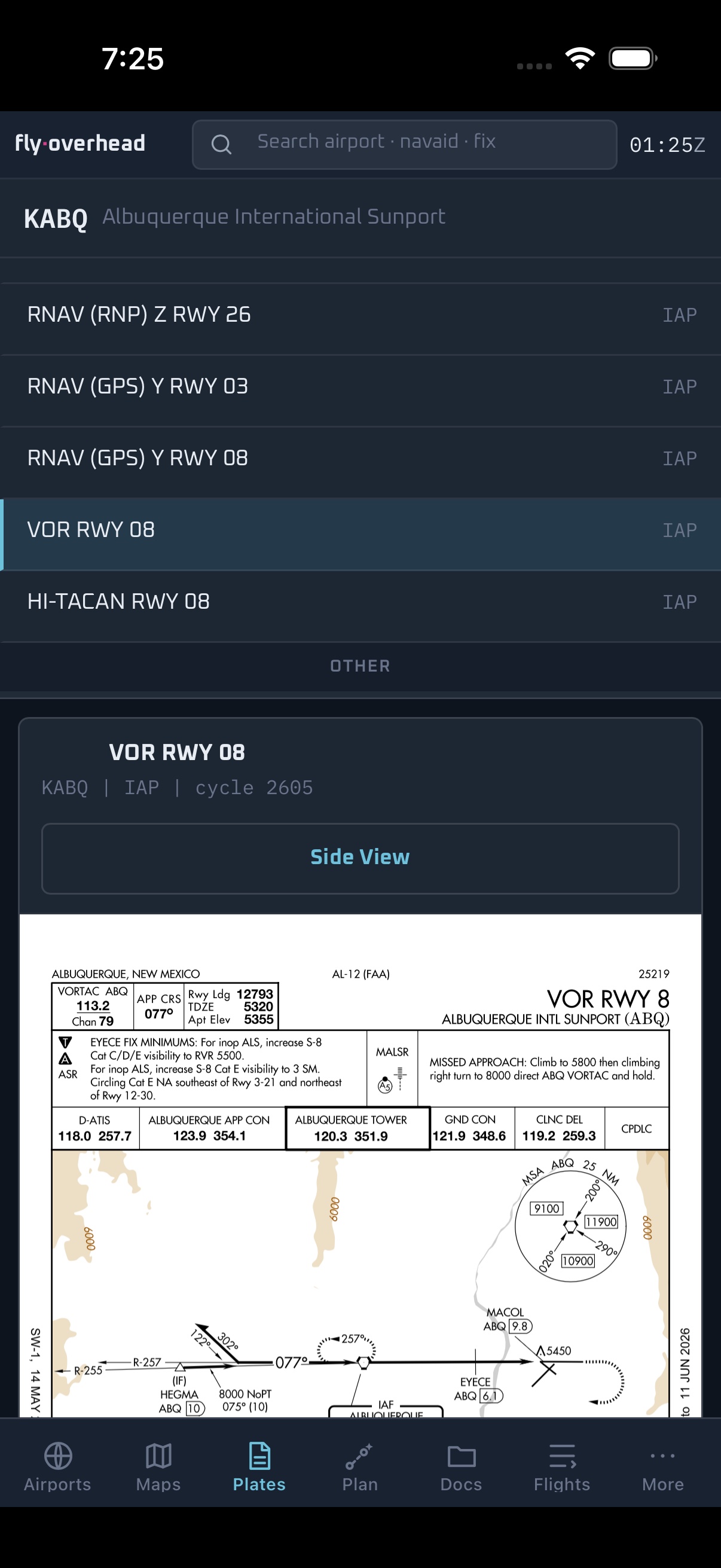Fly Overhead iPhone plate viewer with airport procedure list and chart preview