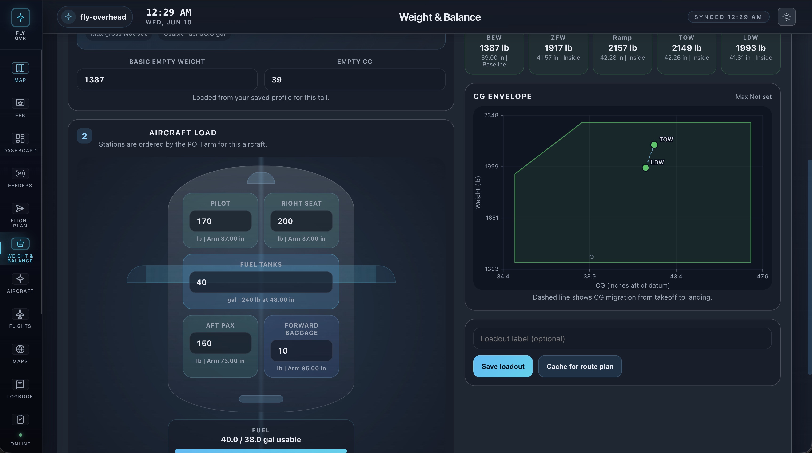 Fly Overhead weight and balance planning open on a laptop