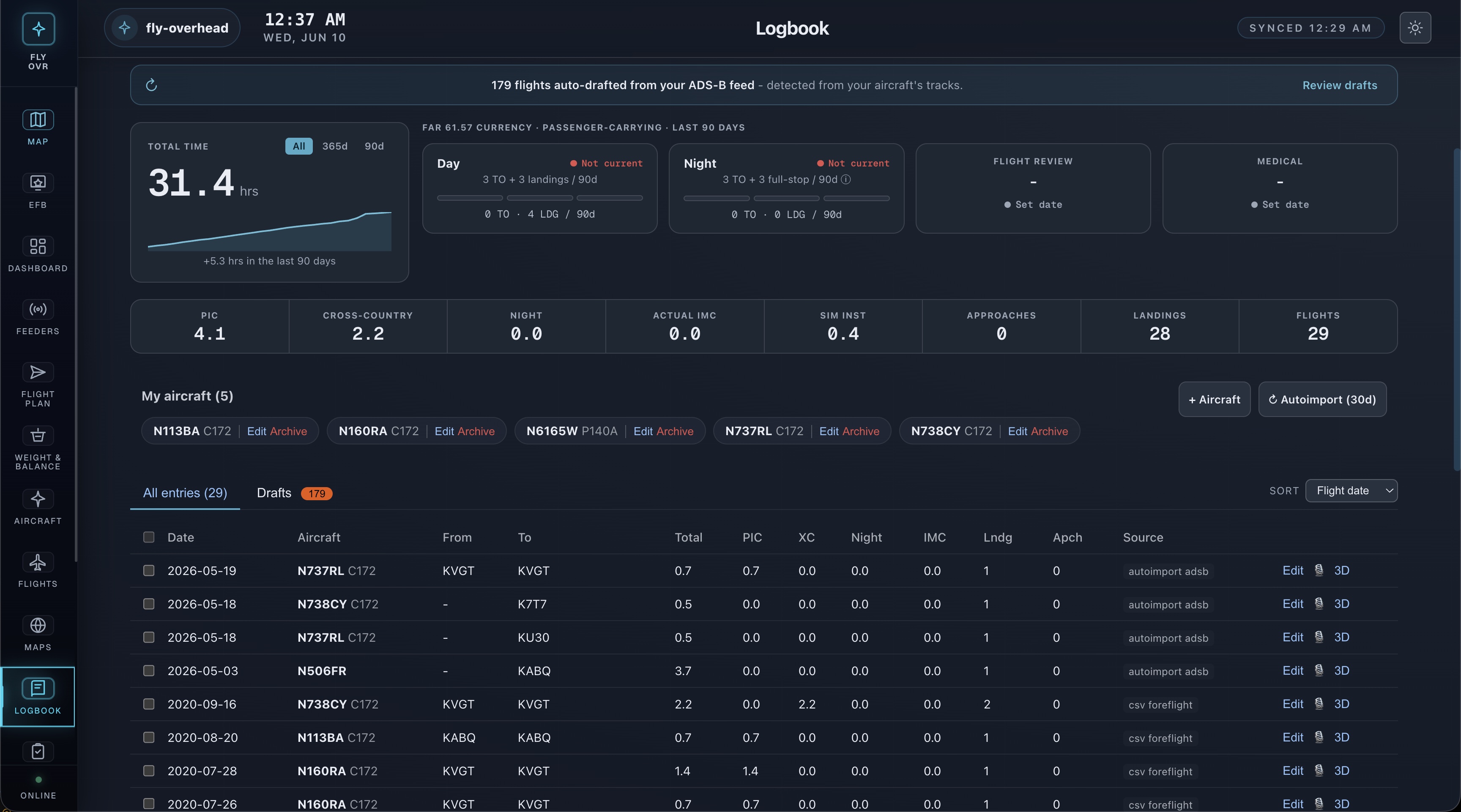 Fly Overhead digital pilot logbook with flight history and currency tracking