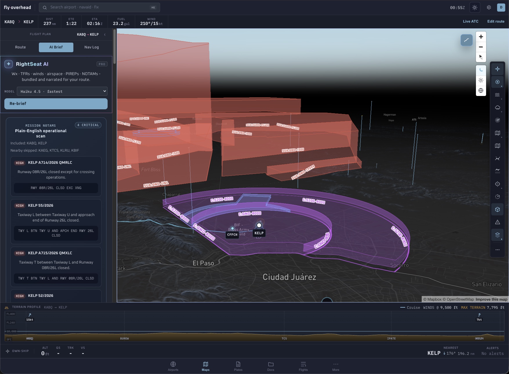 Special-use airspace restricted areas rendered as floor-to-ceiling 3D walls with active status