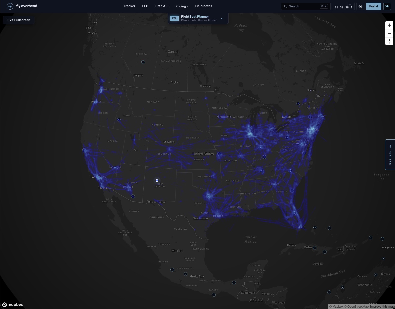 Fly Overhead flight tracking heatmap showing aircraft traffic activity patterns